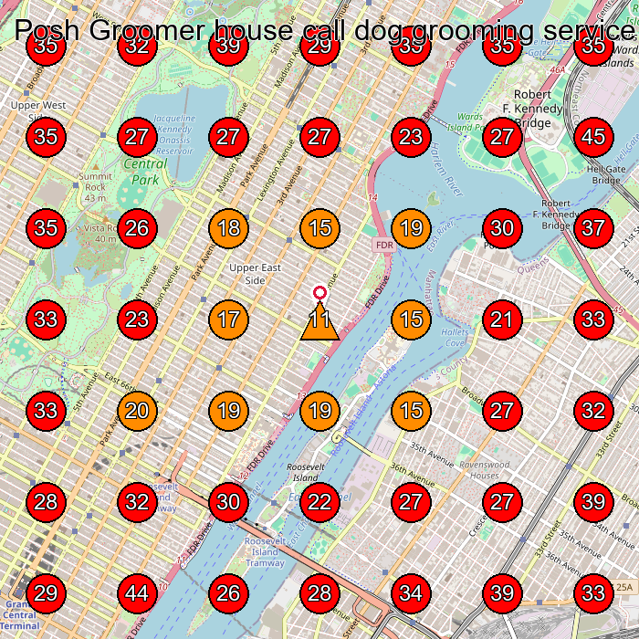 Posh Groomer house call dog grooming service GeoGrid visibility map for Dog Day Care Center in New York